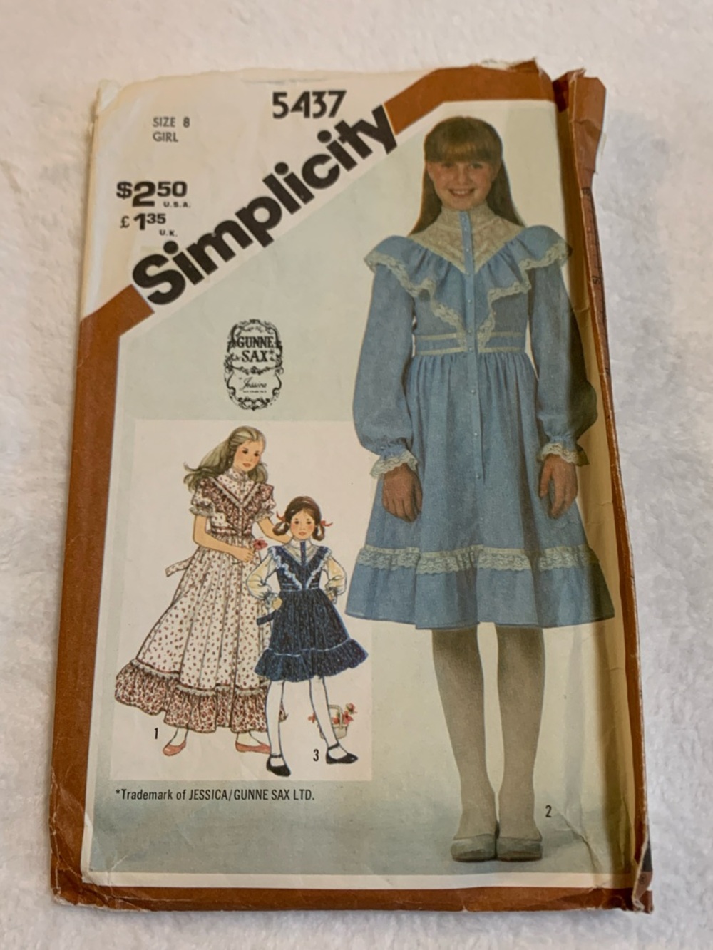 Simplicity 5437 Gunne Sax Girls' Light Blue Prairie Dress Pattern Size 8
